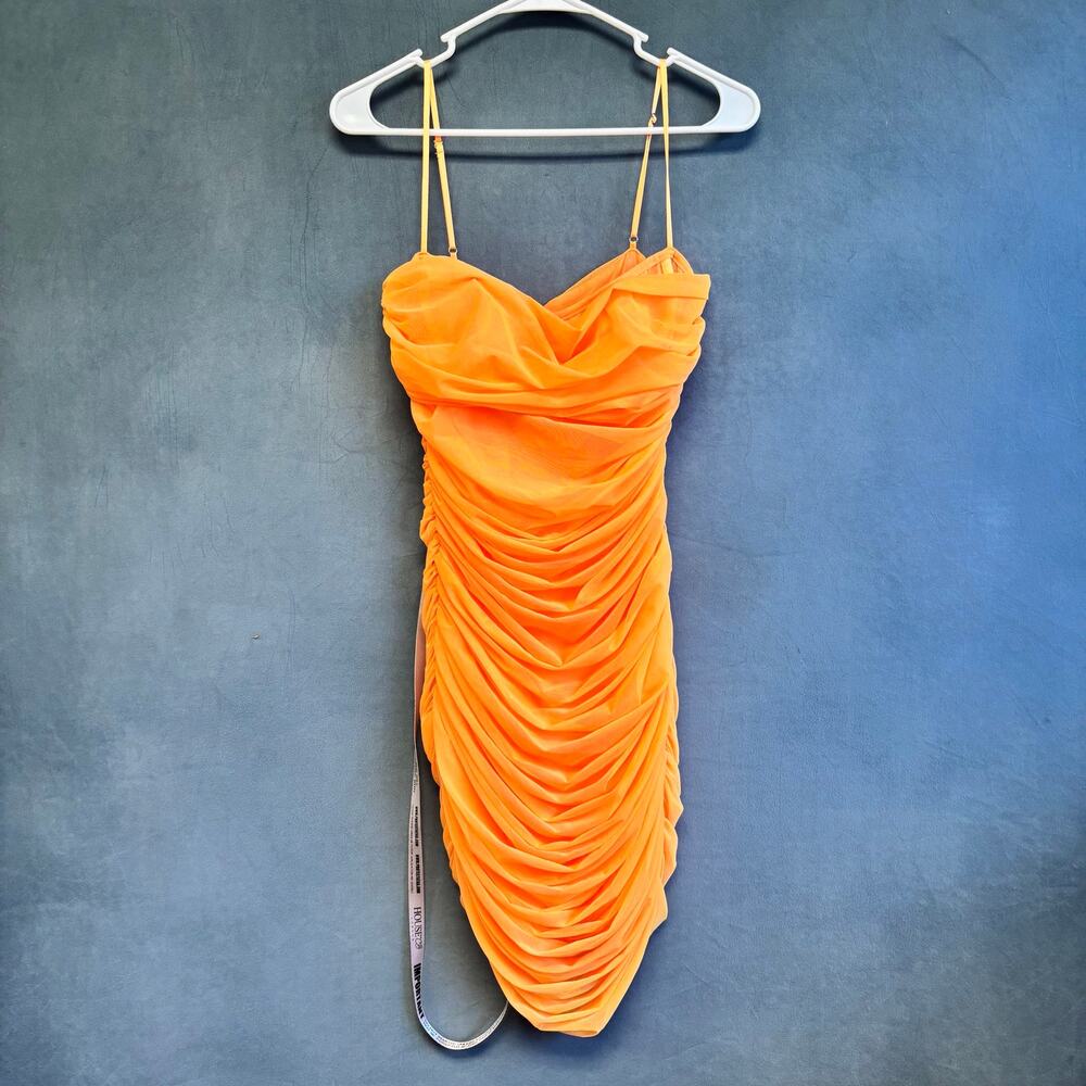 House of CB Ella Orange Ruched Mesh Midi Dress Size L NWT Bodycon Party